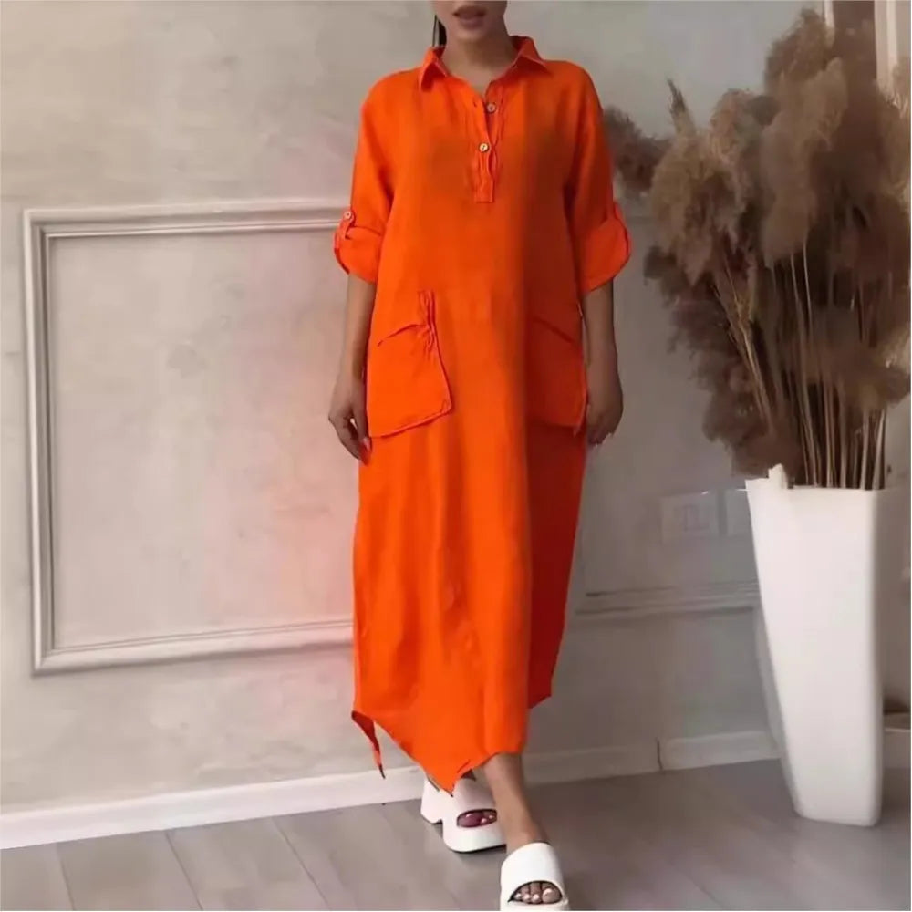 Vestido largo suelto de manga larga, algodón y lino