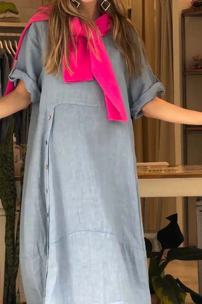 Vestido Casual de Algodón y Lino con Cuello Redondo y Botones