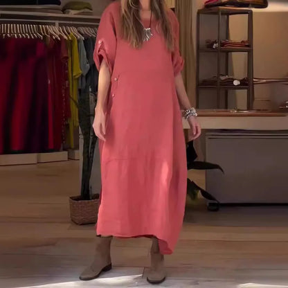 Vestido Casual de Algodón y Lino con Cuello Redondo y Botones