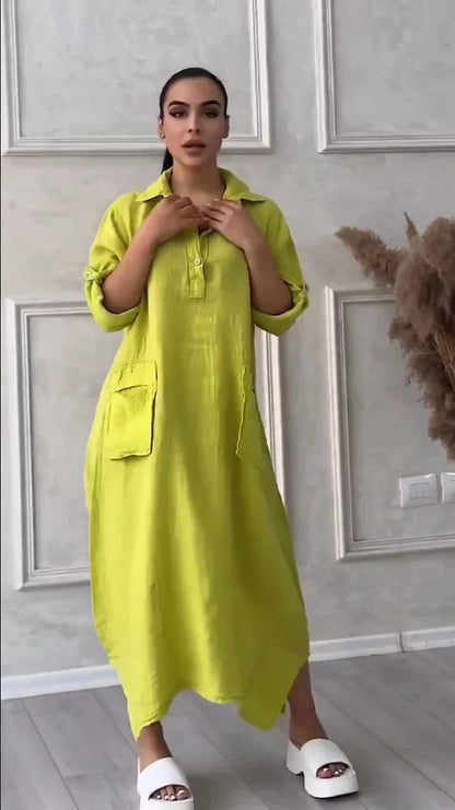 Vestido largo suelto de manga larga, algodón y lino