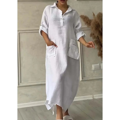 Vestido largo suelto de manga larga, algodón y lino