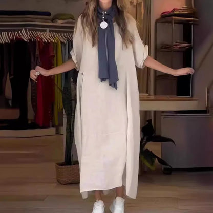 Vestido Casual de Algodón y Lino con Cuello Redondo y Botones