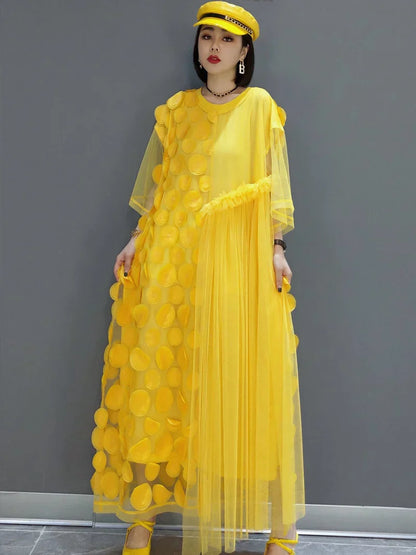 Vestido de Tul para Fiestas con Cuello Redondo y Manga Asimétrica de Media Longitud